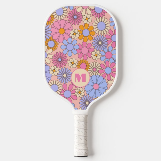 Retro-Floral-Monogramm-Pickleball-Schläger  Pickleball Schläger (Vorderseite)