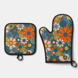 Retro Floral Muster 60er 70er Ästhetik Ofenhandschuh & Topflappen-Set