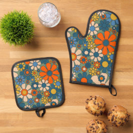 Retro Floral Muster 60er 70er Ästhetik Ofenhandschuh & Topflappen-Set