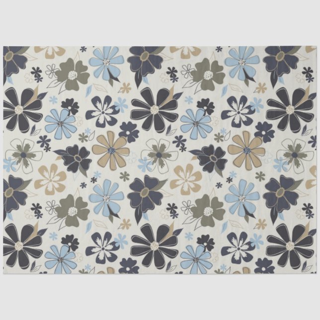 Retro Floral Muster Blue Tan Seidenpapier (Vorderseite)