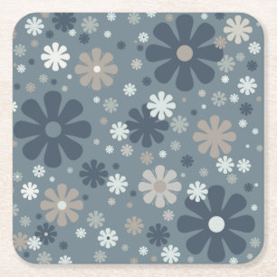 Retro Floral Muster in Steel Blue Rechteckiger Pappuntersetzer