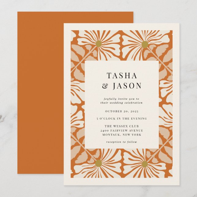 Retro floral Muster Rahmen Hochzeitseinladung Einladung (Vorne/Hinten)