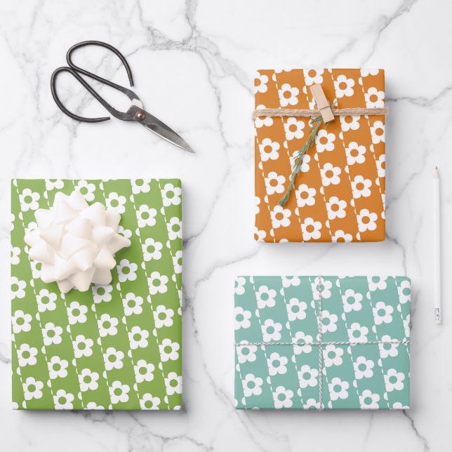 Retro Floral Niedlich Cartoon Daisy Muster Geschenkpapier Set (Vorderseite)