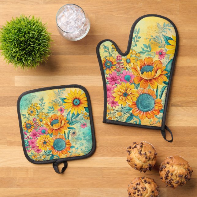 Retro Floral Ofenhandschuh & Topflappen-Set (Oben Unten)