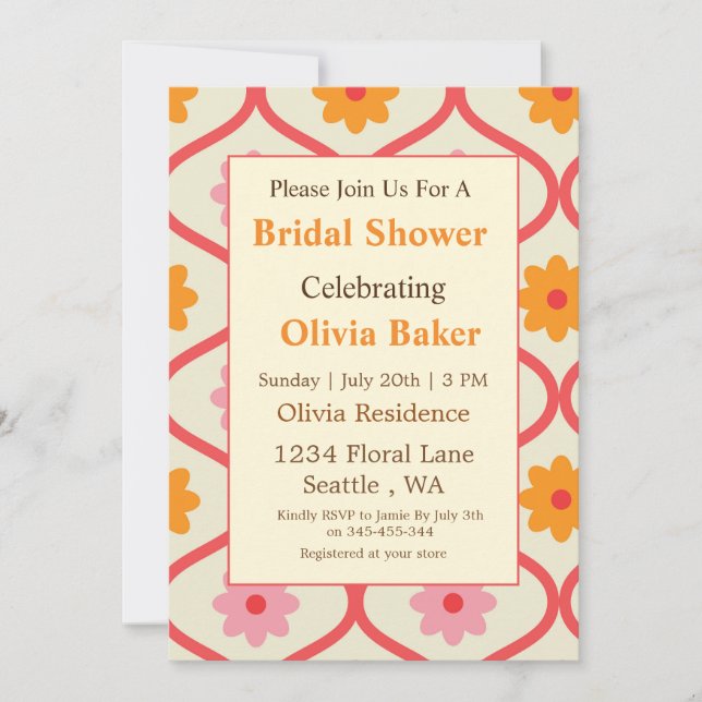 Retro Floral Ogee Mid-Century Modern Bridal Shower Einladung (Vorderseite)