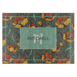 Retro Floral Orange Gold Aquamarin Personalisiert Schneidebrett