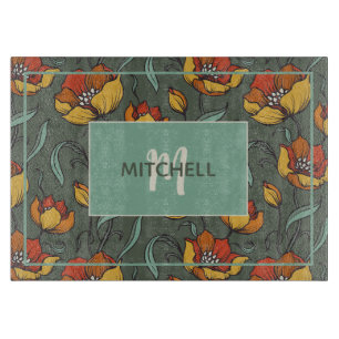 Retro Floral Orange Gold Aquamarin Personalisiert Schneidebrett