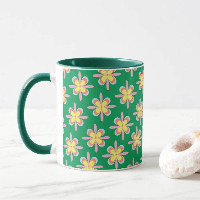 Retro Floral Pattern Colorful Spring Flower Design Tasse (Mit Donut)