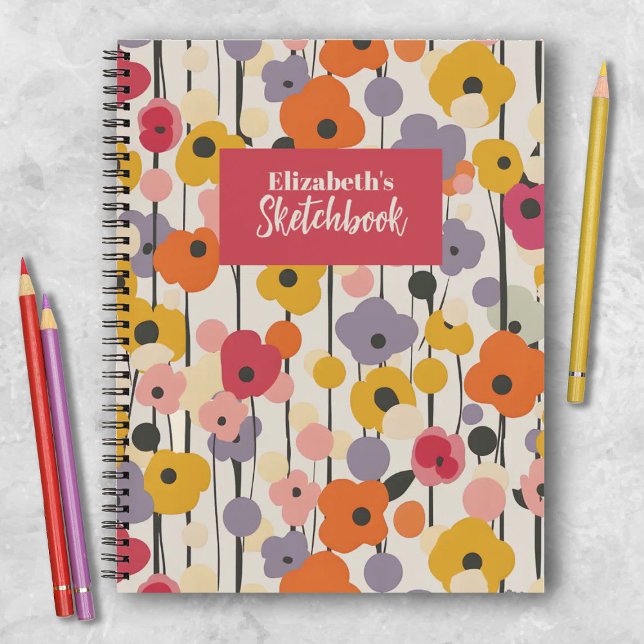Retro Floral Pattern Monogram Artist Sketchbook Notizbuch (A pretty colorful retro floral artist sketchbook. Makes a great gift for a creative girl.)