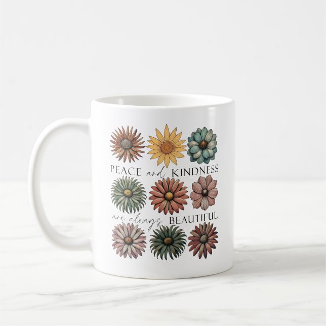 Retro Floral Peace and Kindness Kaffeetasse (Links)