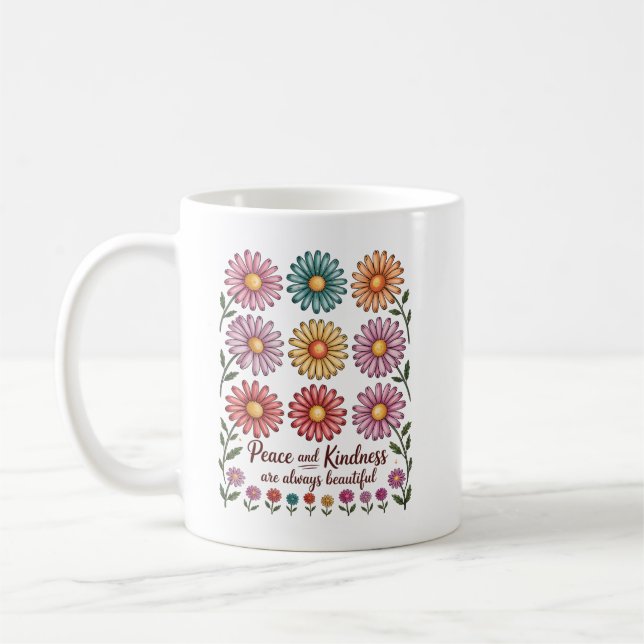 Retro Floral Peace and Kindness Kaffeetasse (Links)