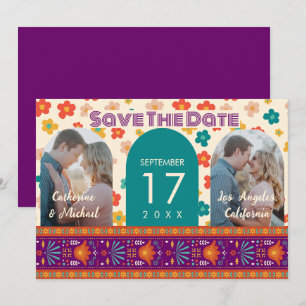 Retro Floral Personalisiert Zwei Fotos Arch Magent Save The Date
