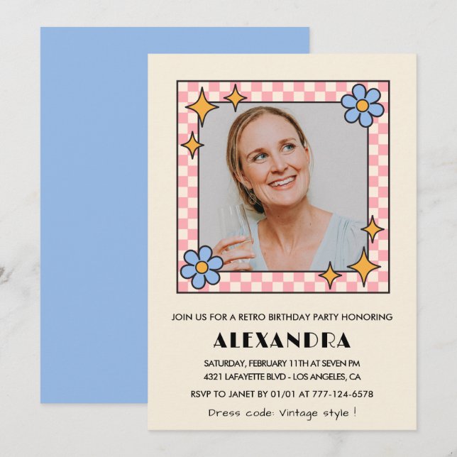 Retro Floral Photo 46e anniversaire invitation Ble (Devant / Derrière)