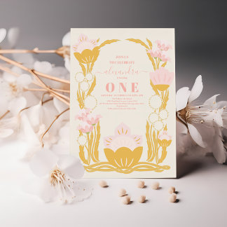 Retro Floral Pink Gold 1. Geburtstag Einladung