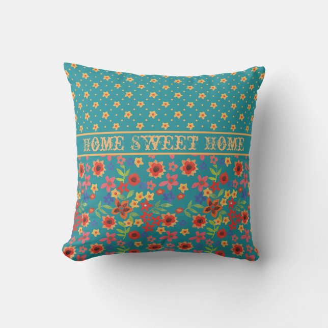 Retro Floral Prints auf Aquamarin mit Zuhause Swee Kissen (Vorderseite)