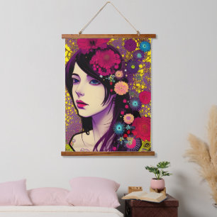 Retro-Floral-Punk-Mädchen-Digitalkunst Wandteppich Mit Holzrahmen