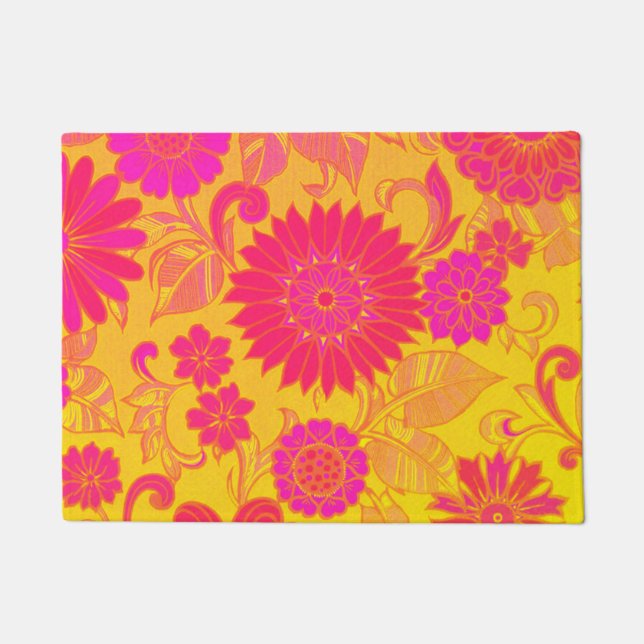 Retro Floral Rosa und Gelb Fußmatte (Vorderseite)