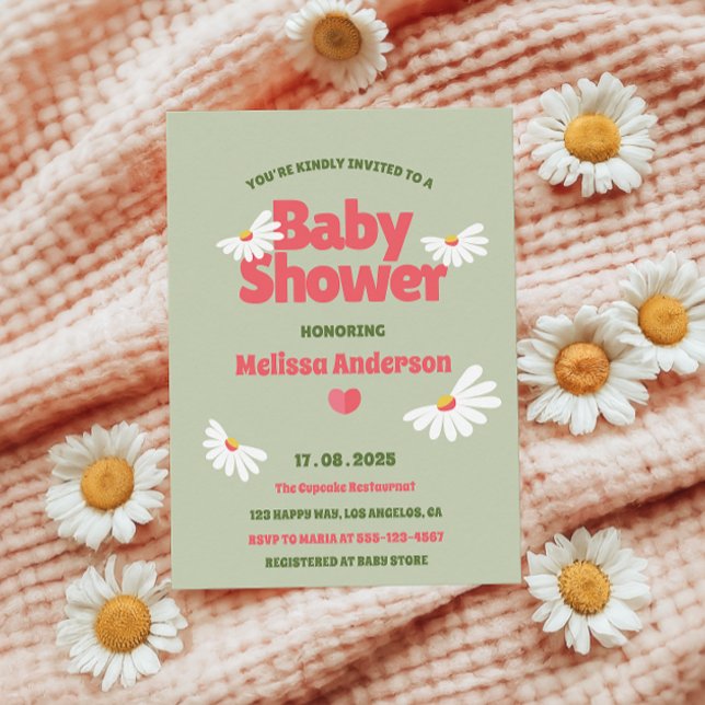 Retro Floral Sage Green Daisy Baby Dusche Einladung (Von Creator hochgeladen)
