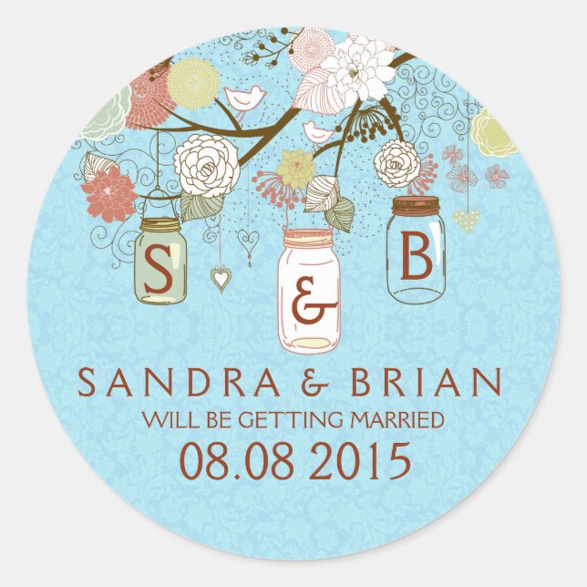 Retro Floral Soft Blue Mason Jar & Wedding Sticker (Vorderseite)