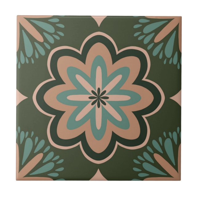 Retro Floral Star in Deep Earth Tones Fliese (Vorderseite)