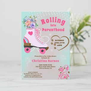 Retro floral Türkis-Rollschuh Boho-Baby-Party Einladung