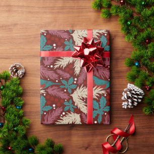 Retro Floral Weihnachten Rotes Aquamarines Muster Geschenkpapier