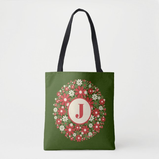 Retro Floral Weihnachtskranz 60er 70er Initial Tasche (Vorderseite)