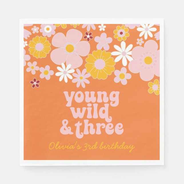 Retro Floral Young Wild Drei Geburtstage Napkins Serviette (Vorderseite)