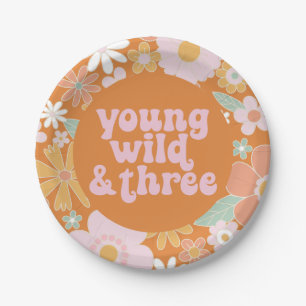 Retro Floral Young Wild Three Birthday Paper Plate Pappteller