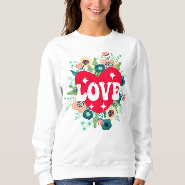 Retro florale Herz Liebe Roter Valentinstag Sweatshirt (Vorderseite)