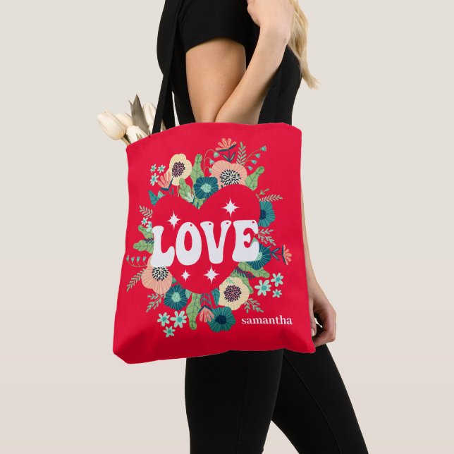 Retro florale Herz Liebe Roter Valentinstag Tasche (Von Nahem)