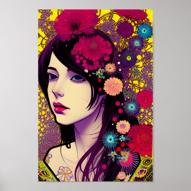 Retro FloralPunk Girl Digitales Kunstposter Poster (Vorne)
