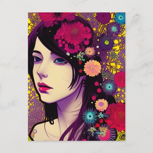 Retro FloralPunk Girl Postkarte (Vorderseite)