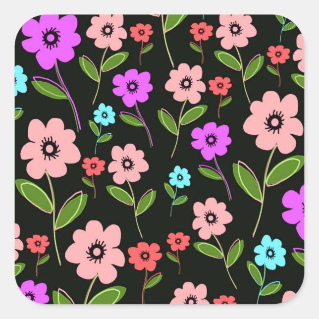Retro Florals Quadratischer Aufkleber (Vorderseite)