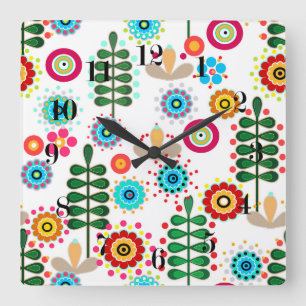 Retro, flower pattern quadratische wanduhr