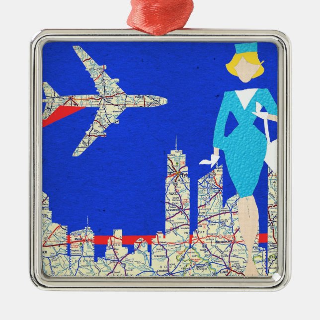 Retro Flugbegleiter-Weihnachtsverzierung Silbernes Ornament (Vorne)