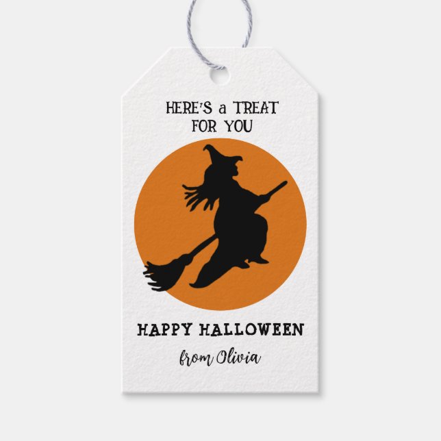 Retro Flying Hexe auf Halloween Mond Gefallen Geschenkanhänger (Vorderseite)