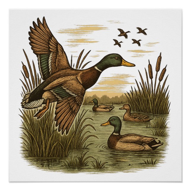 Retro-Flying-Mallard-Duck-Hunting Poster (Vorderseite)