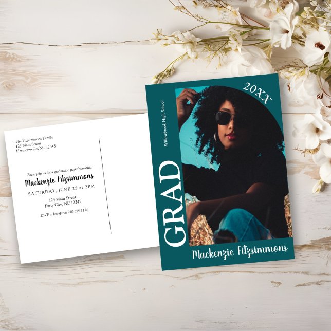 Retro Foto Abschluss Einladung Postkarte (Teal Green Retro Photo Graduation Invitation Postcard)