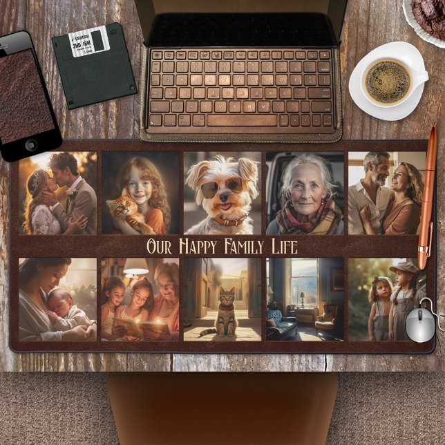 Retro Foto Collage Imitate Leather Schreibtischunterlage (Desk mat featuring 10 of your own photos framed by a brown retro faux leather design.)