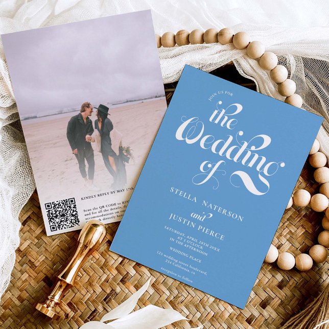 Retro Foto dusty Blue Skript Hochzeit Qr-Code Einladung (Von Creator hochgeladen)