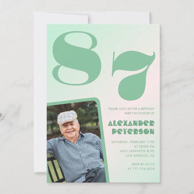 Retro Foto Green Gradient Man 87. Geburtstag Einladung (Vorderseite)