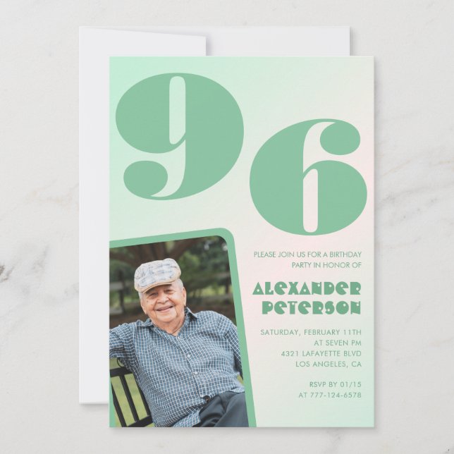 Retro Foto Green Gradient Man 96. Geburtstag Einladung (Vorderseite)