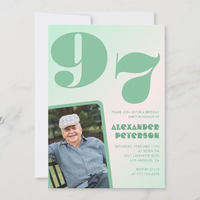 Retro Foto Green Gradient Man 97. Geburtstag Einladung (Vorderseite)