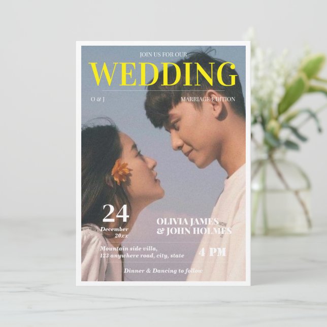 Retro, Foto Magazin Hochzeit Einladung (Stehend Vorderseite)