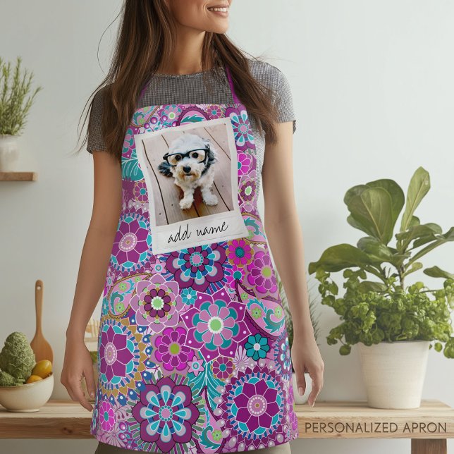 Retro-Foto-Rahmen mit Funky-Blume - Rosa Lila Schürze (Personalized Apron)
