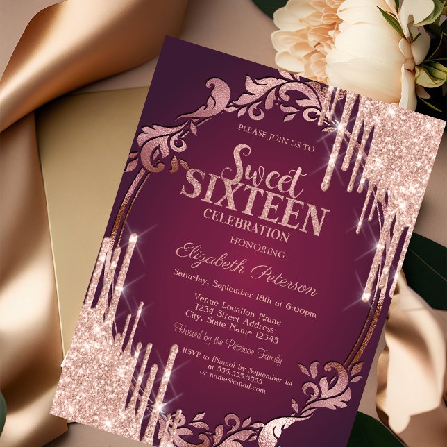 Retro Frame Rose Gold Glitzer Tropfen Burgundy Einladung (Von Creator hochgeladen)