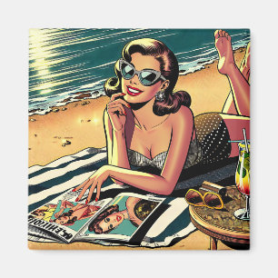 Retro-Frau am Strand beim Lesen eines Modemagazins Magnet