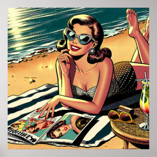 Retro-Frau am Strand beim Lesen eines Modemagazins Poster