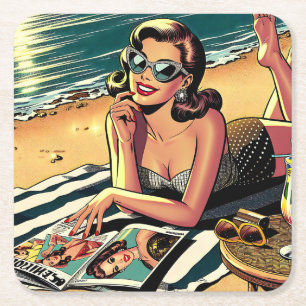 Retro-Frau am Strand beim Lesen eines Modemagazins Rechteckiger Pappuntersetzer
